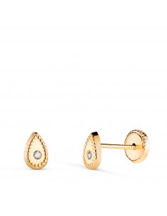 18K PENDIENTES ORO AMARILLO GOTA CON CIRCONITAS Y BORDES BOLITAS. MEDIDA: 6 X 4 MM. CIERRE TUERCA