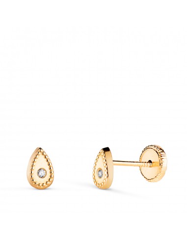 18K PENDIENTES ORO AMARILLO GOTA CON CIRCONITAS Y BORDES BOLITAS. MEDIDA: 6 X 4 MM. CIERRE TUERCA