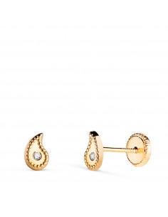 18K PENDIENTES ORO AMARILLO GOTA CURVA CON CIRCONITAS Y BORDES BOLITAS. MEDIDA: 6 X 4 MM.CIERRE TUERCA