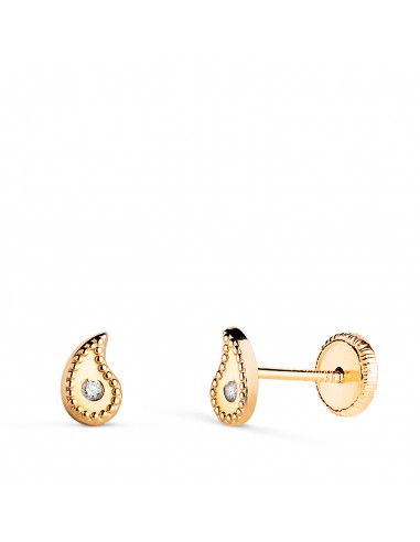 18K PENDIENTES ORO AMARILLO GOTA CURVA CON CIRCONITAS Y BORDES BOLITAS. MEDIDA: 6 X 4 MM.CIERRE TUERCA