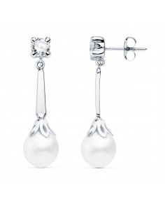 18K PENDIENTES ORO BLANCO PERLAS Y CIRCONITAS. 27 X 7 MM.