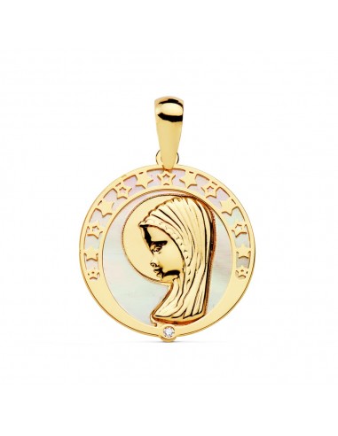 18K MEDALLA ORO AMARILLO VIRGEN NIÑA NACAR CIRCONITA 17 MM