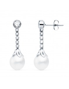 18K PENDIENTES ORO BLANCO PERLAS Y CIRCONITAS. 25 X 7 MM.