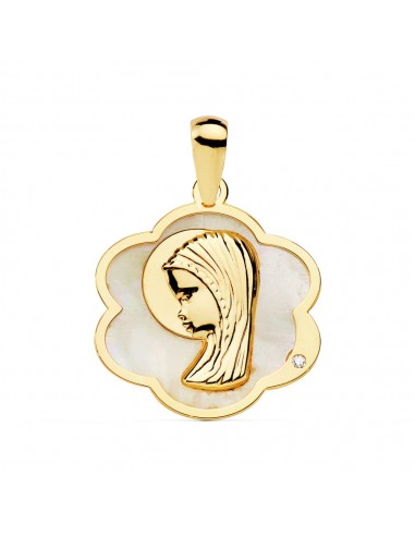 18K MEDALLA ORO AMARILLO FLOR CON VIRGEN NIÑA NACAR 18X17 MM