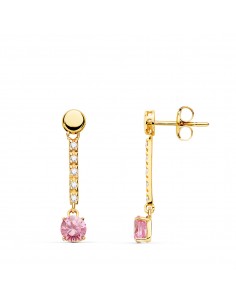 18K PENDIENTES ORO AMARILLO PIEDRA REDONDA COLOR ROSA. 25 X 5 MM.