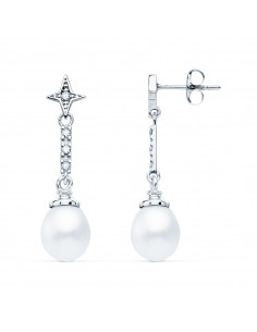 18K PENDIENTES ORO BLANCO PERLAS Y CIRCONITAS. 28 X 8 MM.