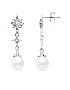 18K PENDIENTES LARGOS ORO BLANCO PERLAS Y CIRCONITAS. 35 X 8 MM.