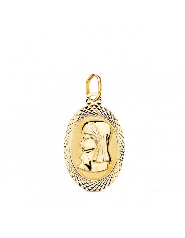 18K MEDALLA ORO AMARILLO VIRGEN NIÑA OVAL TALLADA BRILLO Y MATE 18X12 MM