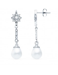 18K PENDIENTES LARGOS ORO BLANCO PERLAS Y CIRCONITAS. 36 X 8 MM.