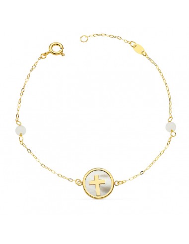 18K PULSERA ORO AMARILLO NACAR CON CRUZ 12 MM Y BOLAS JADE 4 MM CADENA 18   2.5 CM
