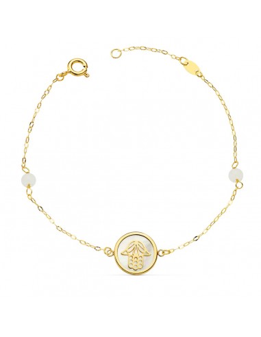 18K PULSERA ORO AMARILLO NACAR CON MANO DE FATIMA 12 MM Y BOLAS JADE 4 MM CADENA 18   2.5 CM