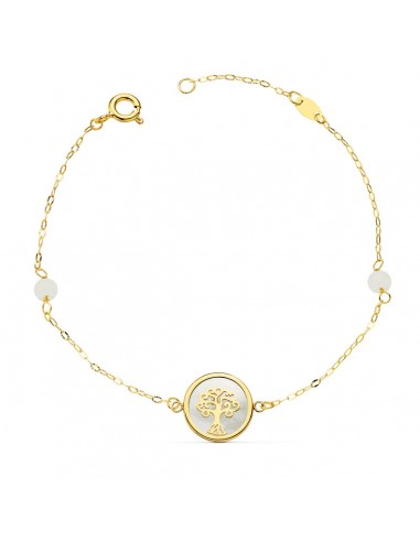 18K PULSERA ORO AMARILLO NACAR CON AMULETO ARBOL DE LA VIDA 12 MM Y BOLAS JADE 4 MM CADENA 18   2.5 CM