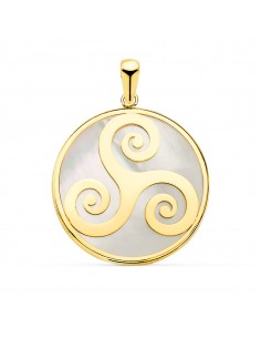 18K COLGANTE AMULETO ORO AMARILLO Y NACAR SIMBOLO CELTA TRISQUEL 20 MM