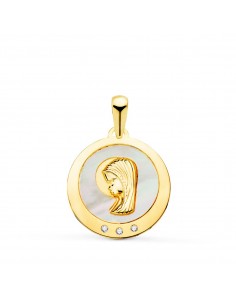 18K MEDALLA ORO AMARILLO VIRGEN NIÑA CON NACAR Y CIRCONITA 14 MM