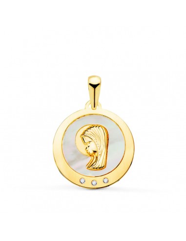 18K MEDALLA ORO AMARILLO VIRGEN NIÑA CON NACAR Y CIRCONITA 14 MM