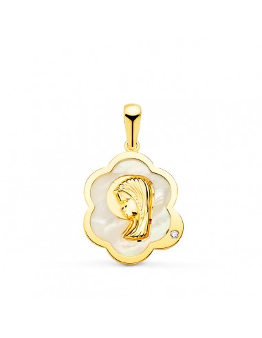18K MEDALLA ORO AMARILLO VIRGEN NIÑA NUBE CON NACAR Y CIRCONITA 15X12 MM