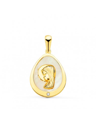 18K MEDALLA ORO AMARILLO VIRGEN NIÑA LAGRIMA CON NACAR Y CIRCONITA 15X12 MM