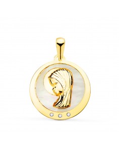 18K MEDALLA ORO AMARILLO VIRGEN NIÑA CON NACAR Y CIRCONITA 19 MM