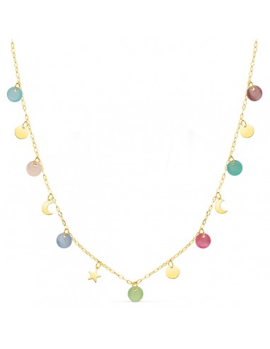 18K GARGANTILLA AMARILLO PLACA CHAPAS FORMAS 5 MM Y PIEDRAS 5 MM CADENA FORZADA 45CM