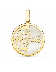 18K COLGANTE ORO AMARILLO CON NACAR PERSONALIZADO FLORES Y NOMBRE. 20 MM
