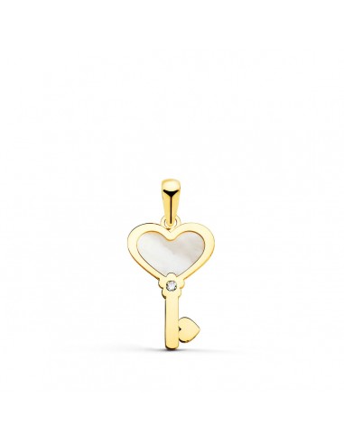 18K COLGANTE AMULETO ORO AMARILLO LLAVE DE NACAR CON CORAZON Y CIRCONITA 18X11 MM C. AMOR