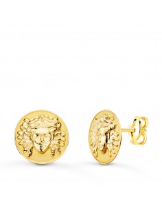 18K PENDIENTES ORO AMARILLO REDONDOS CON MEDUSA 12 MM BRILLO Y MATE. PRESION