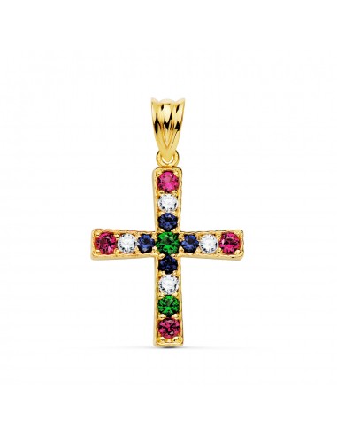 18K CRUZ ORO AMARILLO CON CIRCONITA COLORES REDONDAS. 22 X 19 MM