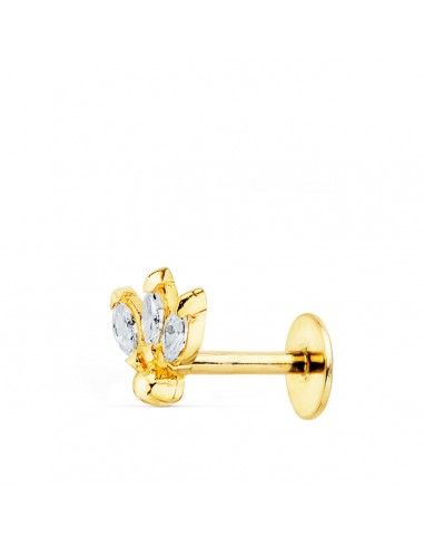 18K PIERCING OREJA ORO AMARILLO TRES HOJITAS CIRCONITA 6.5X6 MM ( UNIDAD )