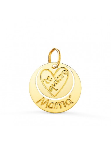 18K COLGANTE ORO AMARILLO REDONDO TE QUIERO MAMA CORAZON GRABADO. 14 MM