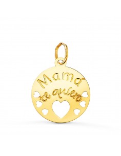18K COLGANTE ORO AMARILLO REDONDO MAMA TE QUIERO CON CORAZONE CALADOS 15 MM