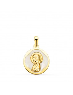 18K MEDALLA ORO AMARILLO REDONDA CON NACAR BLANCO Y VIRGEN NIÑA. 15 MM