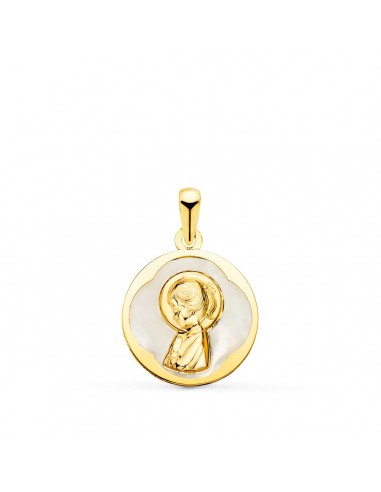 18K MEDALLA ORO AMARILLO REDONDA CON NACAR BLANCO Y VIRGEN NIÑA. 15 MM