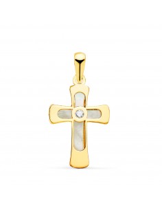 18K CRUZ ORO AMARILLO CON NACAR Y CIRCONITA 20 X 12 MM