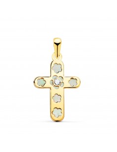 18K CRUZ ORO AMARILLO CON NACAR Y CIRCONITA 20 X 13 MM