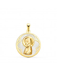 18K MEDALLA ORO AMARILLO REDONDA CON NACAR BLANCO Y VIRGEN NIÑA. 18 MM