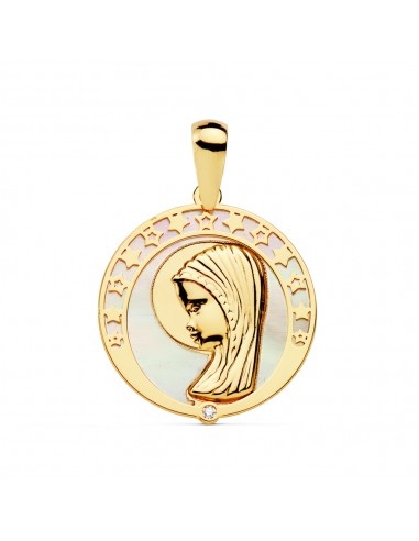 18K MEDALLA VIRGEN NIÑA NACAR CIRCONITA 17 MM.