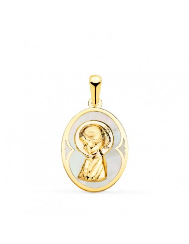 18K MEDALLA ORO AMARILLO OVAL CON NACAR BLANCO Y VIRGEN NIÑA 19X14 MM