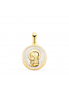 18K MEDALLA ORO AMARILLO REDONDA CON NACAR BLANCO Y VIRGEN NIÑA. 15 MM