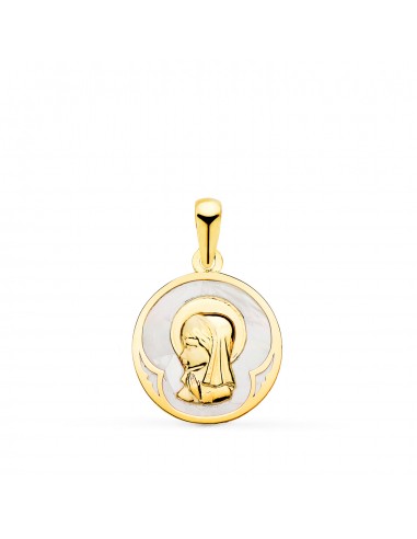 18K MEDALLA ORO AMARILLO REDONDA CON NACAR BLANCO Y VIRGEN NIÑA. 15 MM