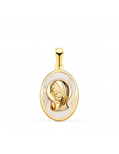 18K MEDALLA ORO AMARILLO OVAL CON NACAR BLANCO Y VIRGEN NIÑA 17 X 12 MM