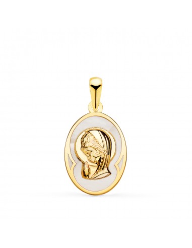 18K MEDALLA ORO AMARILLO OVAL CON NACAR BLANCO Y VIRGEN NIÑA 17 X 12 MM
