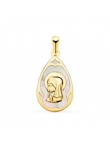 18K MEDALLA ORO AMARILLO GOTA CON NACAR BLANCO Y VIRGEN NIÑA 21 X 14 MM