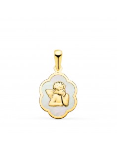 18K COLGANTE ORO AMARILLO NUBE CON ANGEL BURLON Y NACAR BLANCO 15 X 12 MM