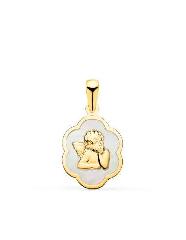 18K COLGANTE ORO AMARILLO NUBE CON ANGEL BURLON Y NACAR BLANCO 15 X 12 MM