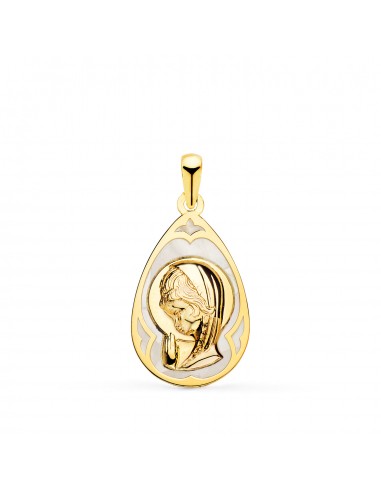 18K MEDALLA ORO AMARILLO GOTA CON NACAR BLANCO Y VIRGEN NIÑA 19X12 MM