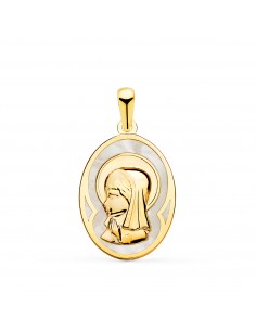 18K MEDALLA ORO AMARILLO OVALADA CON NACAR BLANCO Y VIRGEN NIÑA 17X12 MM