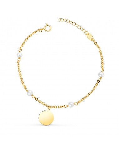 18K PULSERA ORO AMARILLO CON PERLAS 3.5MM Y PLACA CHAPA REDONDA 10MM. LARGO: 15 2CM