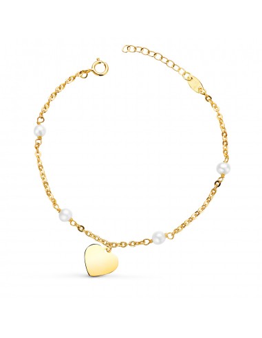 18K PULSERA ORO AMARILLO CON PERLAS 3.5MM Y PLACA CHAPA CORAZON 10MM. LARGO: 15 2CM C. AMOR