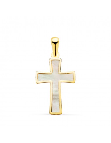 18K CRUZ ORO AMARILLO CON NACAR Y BORDE EN BRILLO. MEDIDA: 20 X 12 MM