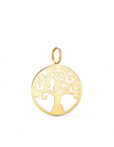 18K COLGANTE AMULETO ORO AMARILLO REDONDO ARBOL DE LA VIDA EN BRILLO 20 MM